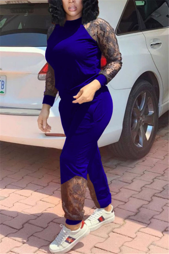 Blue Casual Solid Regular Long Sleeve Two Pieces