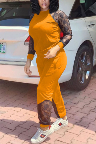 Orange Casual Solid Regular Long Sleeve Two Pieces