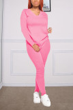 Pink Fashion Casual Long Sleeve V Neck Regular Sleeve Regular Solid Two Pieces