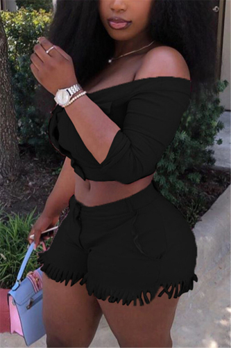 Black Fashion Casual adult Ma'am Solid Two Piece Suits Straight Three Quarter Two Pieces