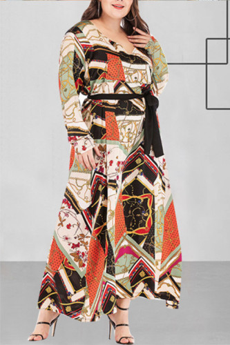 Multi Fashion Casual Plus Size V Neck Long Sleeve Regular Sleeve Print Dress
