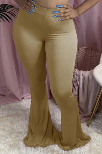 Khaki Elastic Fly Mid Solid Boot Cut Pants Bottoms