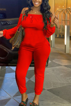Red Fashion Casual Solid Long Sleeve one word collar Jumpsuits