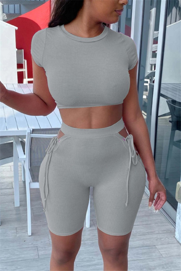 Grey Fashion Sexy adult Ma'am Solid Two Piece Suits Straight Short Sleeve Two Pieces