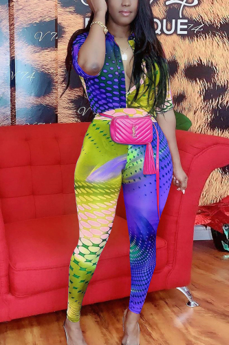 Blue Sexy Print Short Sleeve V Neck Jumpsuits