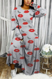 Grey Sexy Long Sleeves O neck Straight Ankle-Length Print lip Dresses