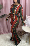 Green Red Fashion Casual Long Sleeve O Neck Regular Sleeve Short Striped Two Pieces