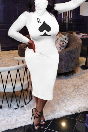 White Fashion Europe and America Long Sleeves Turtleneck Pencil Dress Mid-Calf Print Dresses