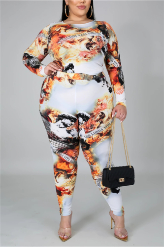 White Fashion Casual O Neck Long Sleeve Regular Sleeve Print Plus Size Set