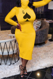 Yellow Fashion Europe and America Long Sleeves Turtleneck Pencil Dress Mid-Calf Print Dresses