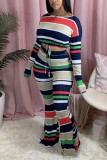 Yellow Green Fashion Casual Long Sleeve O Neck Regular Sleeve Short Striped Two Pieces