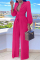 Orange Casual Button Solid Draped Knitting Long Sleeve V Neck Jumpsuits
