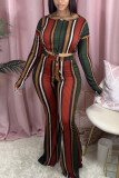 Yellow Red Fashion Casual Long Sleeve O Neck Regular Sleeve Short Striped Two Pieces