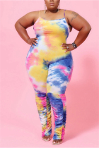 Colorful Fashion Sexy Spaghetti Strap Sleeveless Off The Shoulder Print Tie Dye Plus Size Jumpsuit
