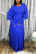 Blue OL Long Sleeves O neck Lantern skirt Ankle-Length Solid Dresses