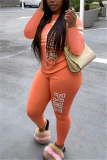 Orange Fashion Casual Adult Letter Print Letter O Neck Long Sleeve Regular Sleeve Regular Two Pieces