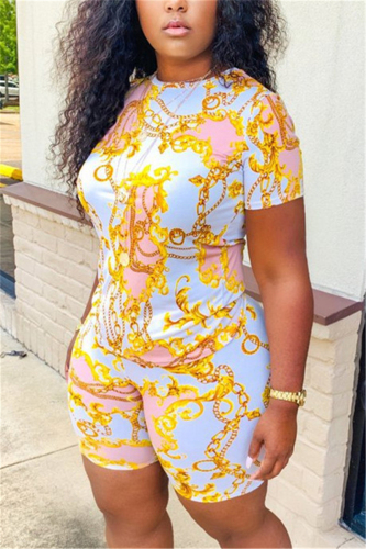 Yellow Casual Print Straight Short Sleeve Two Pieces