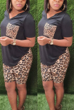 Black Fashion adult Ma'am OL Leopard Patchwork Two Piece Suits Straight Short Sleeve Two Pieces