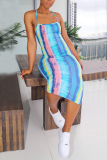 Rainbow color Sexy Fashion Print Suspender Backless Long Dress
