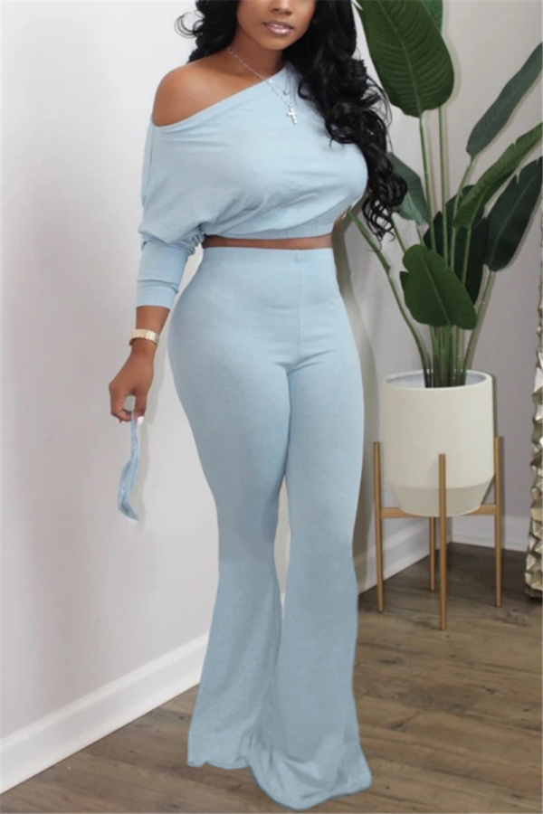 Light Blue Casual Celebrities Europe and America Solid Straight Long Sleeve Two Pieces