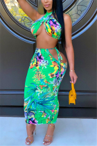 Green Sexy Sleeveless Halter Off The Shoulder Short Print Two Pieces