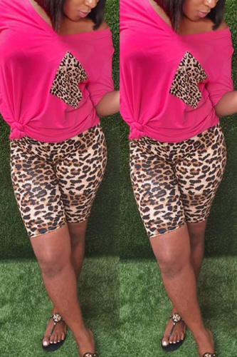 rose red Fashion adult Ma'am OL Leopard Patchwork Two Piece Suits Straight Short Sleeve Two Pieces