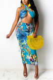 Blue Sexy Sleeveless Halter Off The Shoulder Short Print Two Pieces