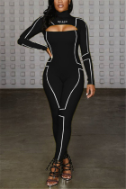 Black Fashion Print Backless Milk. Long Sleeve O Neck Jumpsuits