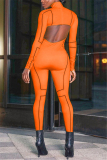 Orange Fashion Print Backless Milk. Long Sleeve O Neck Jumpsuits