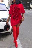 Red Fashion adult Ma'am Street Cap Sleeve Half Sleeves O neck Step Skirt skirt Print Dresses