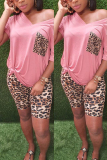 Black Fashion adult Ma'am OL Leopard Patchwork Two Piece Suits Straight Short Sleeve Two Pieces
