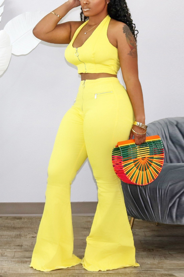 Yellow Sexy Solid Loose Sleeveless Two Pieces