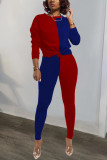rose red and blue Sexy Patchwork Solid pencil Long Sleeve Two Pieces