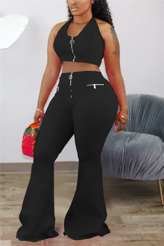 Black Sexy Solid Loose Sleeveless Two Pieces
