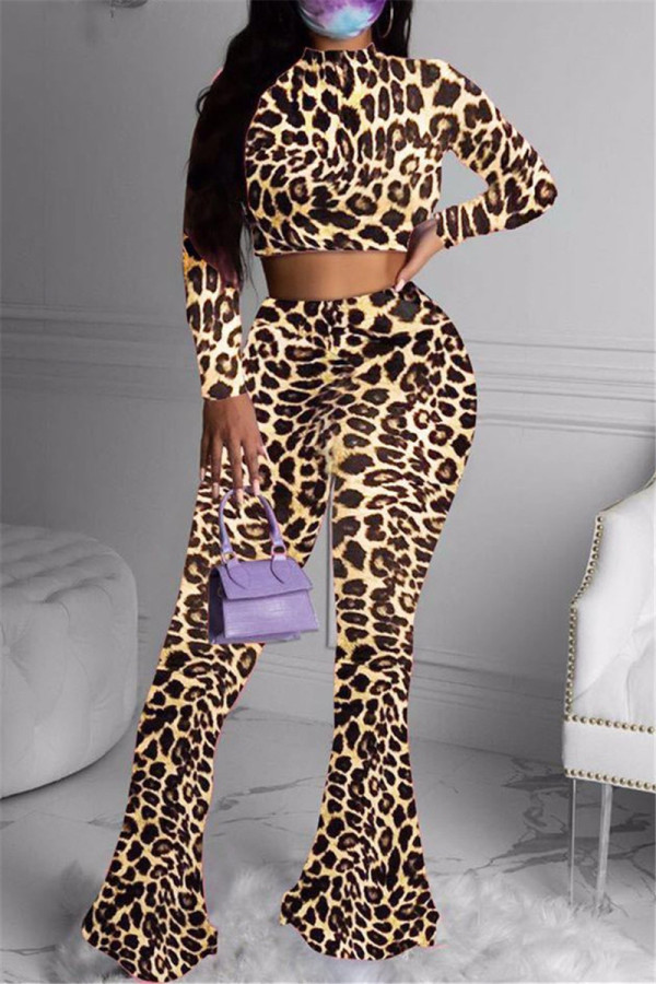 multicolor venetian Fashion Casual adult Ma'am Leopard Two Piece Suits Straight Long Sleeve Two Pieces