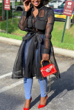 Black Casual Long Sleeves Mandarin Collar Swagger Knee-Length Bowknot Print Patchwork Mesh perspective Dresses