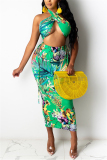 Green Sexy Sleeveless Halter Off The Shoulder Short Print Two Pieces