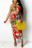 Red Sexy Sleeveless Halter Off The Shoulder Short Print Two Pieces