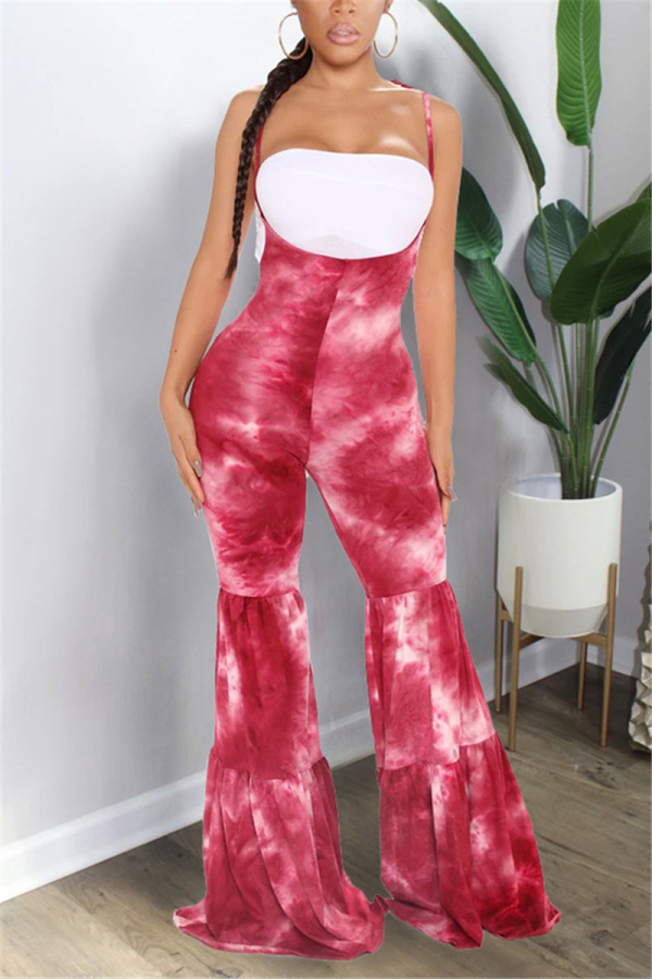 Red street Print Tie-dyed Sleeveless Slip Jumpsuits