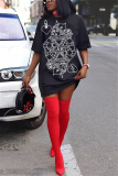 Red Fashion adult Ma'am Street Cap Sleeve Half Sleeves O neck Step Skirt skirt Print Dresses