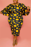 Yellow Fashion Casual O Neck Long Sleeve Flare Sleeve Dot Print A Line Plus Size Dress
