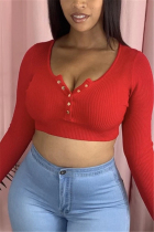 Red Polyester V Neck Long Sleeve Solid Button Tops