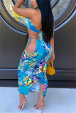 Blue Sexy Sleeveless Halter Off The Shoulder Short Print Two Pieces
