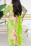 Green Fashion Casual Plus Size O Neck Long Sleeve Regular Sleeve Print Tie Dye Printed Dress