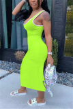 Fluorescent Green Fashion Casual Sleeveless U Neck Vest Dress Ankle Length Solid Dresses