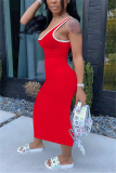 Red Fashion Casual Sleeveless U Neck Vest Dress Ankle Length Solid Dresses