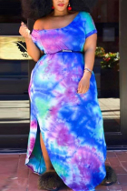 Blue Fashion Casual Plus Size O Neck Short Sleeve Tie Dye Printed Dress (Without Belt）