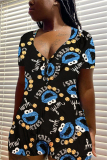 blue and yellow Casual Print Short Sleeve V Neck Rompers