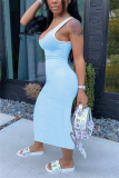 Light Blue Fashion Casual Sleeveless U Neck Vest Dress Ankle Length Solid Dresses