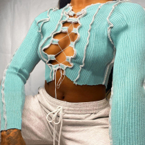 Blue cardigan Long Sleeve Patchwork Solid Bandage crop top Tops